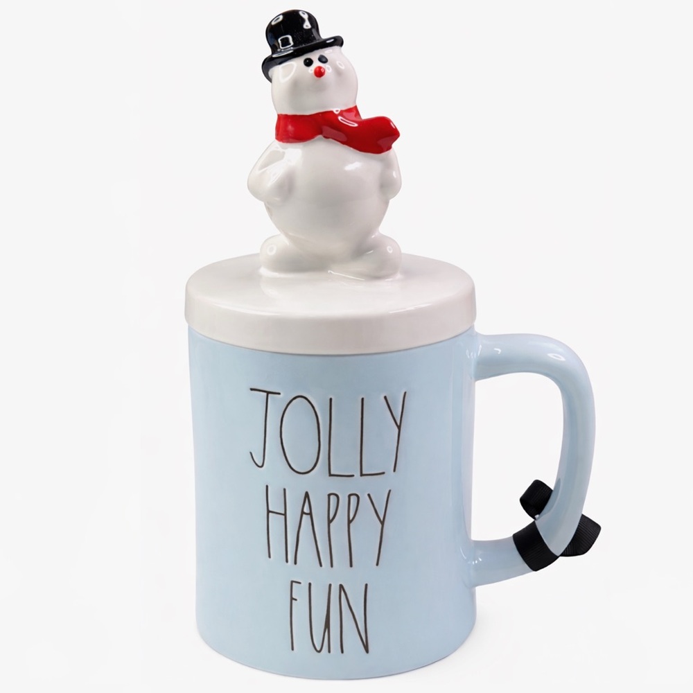 Rae Dunn Jolly Happy Fun Frosty Mug Cup With Frosty The‎ Snowman Hat Topper
